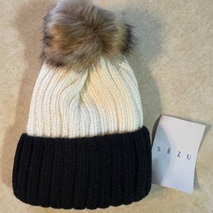 New SIIZU Ribbed Beanie Hat with Faux Fur Pom/Puff